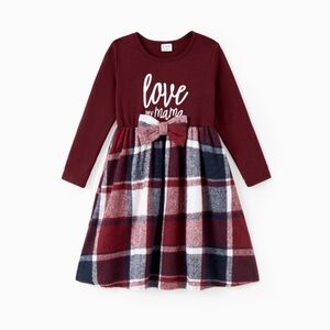 Girl Casual Long Sleeve Plaid Design Knit Splicing Belted Dresses WineRed